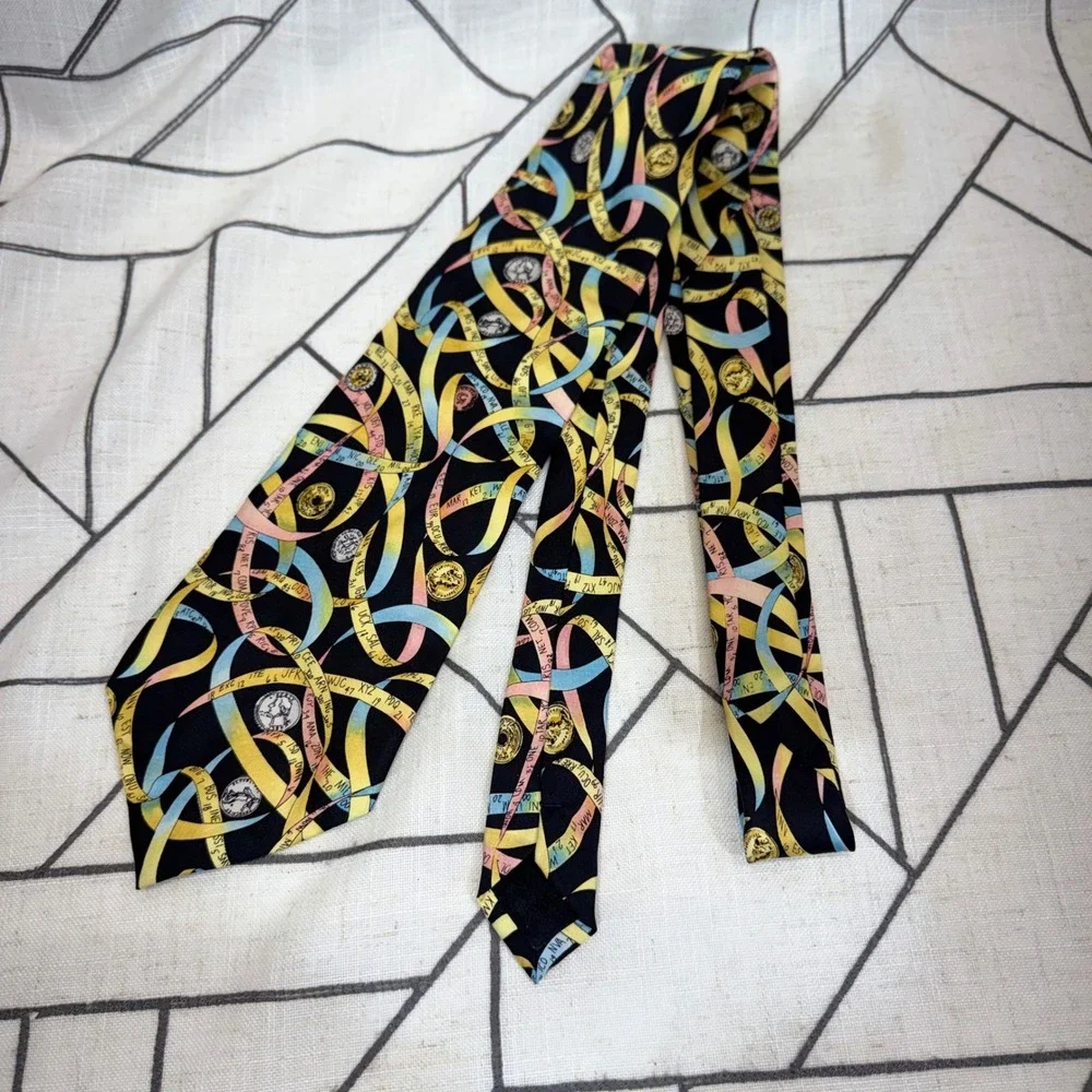 Nicole Miller‎ Necktie OS Black Stock Market Ticker Tape Coins Silk Vintage 1999